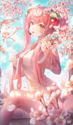Rule 34 | 1girl, :p, absurdres, blush, breasts, cherry blossoms, cherry hair ornament, collared shirt, food-themed hair ornament, hair ornament, hatsune miku, headset, highres, holding, holding hair, long hair, long sleeves, looking at viewer, medium breasts, mirage (rairudiseu), necktie, pink eyes, pink hair, pink necktie, pink theme, pink thighhighs, resolution mismatch, sakura miku, shirt, sitting, solo, source smaller, thighhighs, tongue, tongue out, twintails, very long hair, vocaloid, white shirt