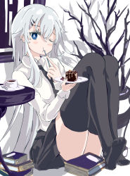 Rule 34 | 1girl, :t, black necktie, black skirt, black thighhighs, blue eyes, blush, book, bright pupils, c4 art, cake, closed mouth, coffee, coffee mug, collared shirt, commentary request, cup, eating, food, full body, hair between eyes, highres, holding, holding plate, long hair, looking at viewer, miniskirt, mug, necktie, no shoes, one eye closed, original, plate, shirt, sitting, skirt, solo, table, thighhighs, utensil in mouth, white hair, white pupils, white shirt, zettai ryouiki