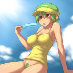 Rule 34 | 1girl, aaaa (quad-a), bad id, bad pixiv id, bare shoulders, bottomless, breasts, camisole, colored pubic hair, covered erect nipples, female pubic hair, food, green hair, hair between eyes, highres, large breasts, original, popsicle, pubic hair, solo, tongue, uncensored, visor, visor cap