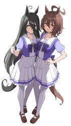 Rule 34 | 2girls, absurdres, agnes tachyon (umamusume), ahoge, animal ears, arm around waist, black hair, blush, bow, bowtie, brown footwear, brown hair, clenched hand, earrings, from above, full body, hair between eyes, hand on own hip, highres, horse ears, horse girl, horse tail, jewelry, long bangs, long hair, looking at viewer, manhattan cafe (umamusume), mary janes, medium hair, messy hair, multiple girls, nagaburo imoni, open mouth, pleated skirt, puffy short sleeves, puffy sleeves, purple bow, purple bowtie, purple shirt, red eyes, sailor collar, school uniform, serafuku, shirt, shoes, short sleeves, simple background, single earring, skirt, smile, standing, straight hair, summer uniform, tail, tareme, thighhighs, tracen school uniform, umamusume, very long hair, white background, white skirt, white thighhighs, yellow eyes
