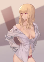 Rule 34 | 1girl, blonde hair, breasts, cleavage, collarbone, collared shirt, cowboy shot, dress shirt, emoto reishi, grey shirt, hair over shoulder, highres, long hair, looking to the side, medium breasts, midriff, navel, no bra, open clothes, open mouth, open shirt, original, panties, red eyes, red panties, shirt, sleeves past fingers, sleeves past wrists, solo, standing, stomach, unbuttoned, unbuttoned shirt, underwear