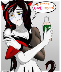 Rule 34 | 1girl, absurdres, animal ears, arms up, belly, blush, cat ears, cat tail, colored skin, cpt.tester works, drinking, eating, eggnog, elora (cpt.tester), highres, midriff, orange eyes, red hair, smile, tail, tattoo, white skin