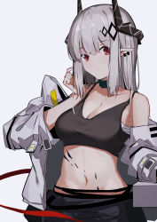 Rule 34 | 1girl, absurdres, arknights, black pants, black tank top, blush, breasts, chichi guai, cleavage, closed mouth, coat, collarbone, commentary, crop top, demon horns, ear piercing, english commentary, expressionless, grey background, hair between eyes, hair ornament, hand in own hair, highres, horns, infection monitor (arknights), long hair, looking at viewer, material growth, medium breasts, midriff, mudrock (arknights), navel, off shoulder, open clothes, open coat, oripathy lesion (arknights), pants, piercing, pointy ears, red eyes, red ribbon, ribbon, sarashi, shade, silver hair, simple background, solo, straight hair, tank top, white coat