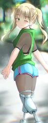 Rule 34 | 1girl, absurdres, amputee, blue shorts, blurry, blurry background, blush, day, fishnet fabric, green eyes, hair bobbles, hair ornament, highres, ibarazaki emi, katawa shoujo, light brown hair, long hair, looking at viewer, looking back, maikurorensu, one eye closed, outdoors, prosthesis, prosthetic leg, short shorts, shorts, sketch, smile, solo, standing, twintails