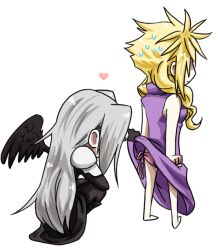Rule 34 | 1990s (style), 2boys, blonde hair, clenched hands, clothes lift, cloud strife, crossdressing, dress, dress lift, final fantasy, final fantasy vii, from behind, gloves, heart, long hair, multiple boys, no eyes, panties, pink panties, retro artstyle, sephiroth, side-tie panties, silver hair, simple background, single wing, squatting, sweatdrop, towo3, transparent background, underwear, wall market, wings