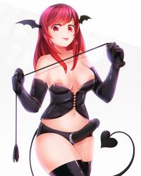 Rule 34 | 1girl, :p, absurdres, bare shoulders, bat wings, black gloves, black panties, black thighhighs, collarbone, commentary, corset, cowboy shot, demon tail, dildo, dominatrix, dungeon toaster, elbow gloves, english commentary, eyelashes, gloves, head wings, highres, huge filesize, koakuma, long hair, looking at viewer, naughty face, navel, nipple slip, nipples, panties, raised eyebrow, red eyes, red hair, sex toy, sidelocks, simple background, skindentation, solo, strap-on, tail, thighhighs, tongue, tongue out, touhou, underwear, v-shaped eyebrows, whip, white background, wings, zettai ryouiki