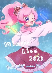 Rule 34 | 1girl, ;d, blue background, bow, chii (chi pppuri), commentary request, cowboy shot, from behind, glowstick, hair bow, hands up, highres, holding, holding glowstick, kiratto pri chan, long hair, long sleeves, looking at viewer, looking back, momoyama mirai, one eye closed, open mouth, pink hair, pink shirt, ponytail, pretty series, purple eyes, shirt, sidelocks, smile, solo, standing, translation request
