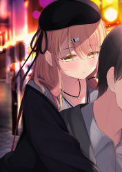 Rule 34 | 1boy, 1girl, bad id, bad pixiv id, beret, black hair, black headwear, black jacket, black ribbon, blurry, blurry background, brown eyes, brown hair, carrying, collared shirt, commentary request, depth of field, dress shirt, eyes visible through hair, grey jacket, hair ornament, hair over one eye, hairclip, half-closed eyes, hat, highres, jacket, long hair, long sleeves, night, open clothes, open jacket, original, outdoors, parted lips, piggyback, ribbon, sasahara wakaba, shirt, solo focus, white shirt