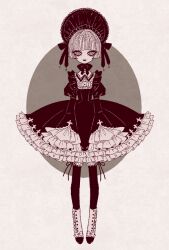 Rule 34 | 1girl, black lips, blunt bangs, bob cut, bonnet, boots, buttons, cross, dress, eleanor (ohmyeleanor), expressionless, frilled dress, frills, full body, goth fashion, gothic lolita, hat, hat ribbon, lolita fashion, looking at viewer, monochrome, original, pantyhose, puffy short sleeves, puffy sleeves, ribbon, short hair, short sleeves, sleeves past fingers, sleeves past wrists, solo, standing