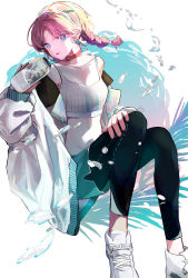 Rule 34 | 1girl, arknights, bare shoulders, black leggings, blue eyes, blue poison (arknights), blue poison (shoal beat) (arknights), blue shorts, bottle, braid, choker, collarbone, commentary request, earrings, hairband, highres, holding, holding bottle, jacket, jewelry, leaf, leggings, leggings under shorts, long hair, looking at viewer, midriff, off shoulder, official alternate costume, pantyhose, parted lips, pink hair, red choker, shinonome nemu (nemulog sn), shoes, shorts, simple background, sneakers, solo, sports bra, twin braids, water bottle, water drop, white background, white footwear, white jacket, white sports bra