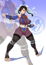 Rule 34 | 1girl, absurdres, alternate costume, bad id, bad pixiv id, bare shoulders, black hair, blue leotard, blue nails, bracelet, braid, breasts, bun cover, capcom, chun-li, cleavage, clenched hand, commentary request, covered erect nipples, double bun, earrings, elbow gloves, eyeshadow, feet, female pubic hair, fighting stance, fingerless gloves, gloves, hair bun, highres, jewelry, large breasts, leotard, makeup, muscular, muscular female, nail polish, no shoes, outstretched hand, pantyhose, parted lips, pink lips, pubic hair, see-through, spiked bracelet, spikes, street fighter, thick thighs, thighs, toeless legwear, toes, twin braids, w-link
