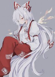 Rule 34 | 1girl, arm belt, baggy pants, belt buckle, bow, buckle, collared shirt, commentary, expressionless, feet out of frame, fire, fujiwara no mokou, grey background, hair bow, hands in pockets, highres, hime cut, juliet sleeves, knee up, long hair, long sleeves, looking at viewer, ofuda, ofuda on clothes, pants, plumapple3, puffy sleeves, red bow, red eyes, red pants, shirt, sidelocks, sideways glance, solo, suspenders, touhou, two-tone bow, very long hair, white bow, white hair, white shirt