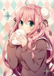 Rule 34 | 1girl, ahoge, baozi, blush, breasts, bun cover, cardigan, commentary request, double bun, eating, female focus, food, green eyes, highres, holding, holding food, large breasts, long hair, looking at viewer, original, pink hair, pk (mukasihasakana), solo, sparkle