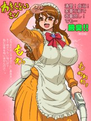 Rule 34 | 1girl, apron, arm up, armpits, blush, breasts, brown eyes, brown hair, covered erect nipples, holding, large breasts, long hair, maid, maid apron, maid headdress, oekaki, open mouth, ribbon, skirt, smell, smile, solo, standing, sweat, tenseiani, translation request