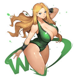 Rule 34 | 1girl, arm up, bangle, bare shoulders, blonde hair, blue eyes, bracelet, breasts, cleavage, closed mouth, commission, green leotard, gurimjang, hair behind ear, highres, jewelry, large breasts, leotard, long hair, looking to the side, mole, mole on breast, original, pixiv commission, thick thighs, thighs, wrestler