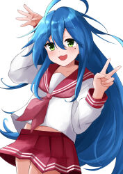 Rule 34 | 1girl, :3, absurdres, ahoge, blue hair, closed mouth, collarbone, commentary request, dot mouth, floating hair, green eyes, hair between eyes, hands up, highres, izumi konata, light blush, long hair, long sleeves, lucky star, midriff peek, mole, mole under eye, navel, neckerchief, nyagonya21, open mouth, pleated skirt, red neckerchief, red sailor collar, red skirt, ryouou school uniform, sailor collar, school uniform, serafuku, simple background, skirt, smile, solo, v, very long hair, white background