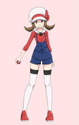 Rule 34 | 1girl, arms behind back, blue shorts, brown eyes, brown hair, collar, collarbone, creatures (company), full body, game freak, hat, holding, holding poke ball, long sleeves, looking at viewer, lyra (pokemon), nintendo, overalls, pink background, poke ball, pokemon, pokemon hgss, red footwear, red shirt, shirt, shoes, shorts, sidelocks, simple background, smile, solo, suspender shorts, suspenders, thighhighs, tsukishiro saika, twintails, white collar, white hat, white thighhighs