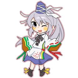 Rule 34 | 1girl, black footwear, black ribbon, blue headwear, blue skirt, blush stickers, chibi, fensedekaoji, footwear ribbon, green ribbon, grey eyes, grey hair, hat, highres, japanese clothes, kariginu, long hair, long sleeves, looking at viewer, miniskirt, mononobe no futo, neck ribbon, one eye closed, open mouth, outline, pink outline, pom pom (clothes), ponytail, red ribbon, ribbon, ribbon-trimmed sleeves, ribbon trim, skirt, sleeve ribbon, sleeves past fingers, sleeves past wrists, smile, tate eboshi, touhou, white background, white sleeves, wide sleeves, yellow ribbon