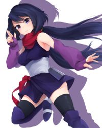 Rule 34 | 10s, 1girl, ayame (gundam build divers), black hair, black thighhighs, blush, breasts, elbow gloves, gloves, gundam, gundam build divers, highres, japanese clothes, large breasts, long hair, looking at viewer, low ponytail, mask, minami machi, ninja, ponytail, purple eyes, red scarf, scarf, sleeveless, smile, solo, thighhighs