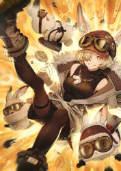 Rule 34 | 1girl, absurdres, animal ear fluff, animal ears, blonde hair, breasts, brown coat, brown gloves, brown hat, brown thighhighs, coat, dog tags, fantasy, fur trim, gears, gloves, goggles, goggles on head, grin, hair over one eye, hat, highres, jewelry, large breasts, looking at viewer, necklace, nut (hardware), original, pantyhose, rabbit, rabbit ears, red eyes, screw, sho (sumika), smile, solo, steampunk, tank (container), thighband pantyhose, thighhighs