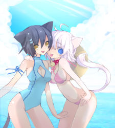 Rule 34 | 2girls, ahoge, animal ears, bell, bikini, blue eyes, breasts, cat ears, cat tail, cleavage, cleavage cutout, clothing cutout, collar, day, hat, innertube, medium breasts, multiple girls, neck bell, one-piece swimsuit, open mouth, original, saibashi, shiny skin, sideboob, swim ring, swimsuit, tail, yellow eyes