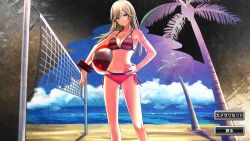 Rule 34 | 1girl, alisa ilinichina amiella, beach, bikini, blue eyes, breasts, cleavage, god eater, god eater resonant ops, highres, large breasts, long hair, looking at viewer, navel, official art, smile, swimsuit, water