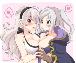 Rule 34 | 2girls, bikini, black hairband, blush, breast press, breasts, brown gloves, cleavage, closed mouth, corrin (female) (fire emblem), corrin (female) (summer) (fire emblem), corrin (fire emblem), eromame, fire emblem, fire emblem awakening, fire emblem fates, fire emblem heroes, gloves, hairband, holding hands, large breasts, long hair, multiple girls, nintendo, official alternate costume, open mouth, pink background, pointy ears, red eyes, robin (female) (fire emblem), robin (fire emblem), simple background, smile, swimsuit, symmetrical docking, twitter username, upper body, white hair, yuri