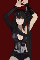 Rule 34 | 1girl, architect (girls&#039; frontline), asymmetrical clothes, black hair, blush, breasts, cleavage, girls&#039; frontline, grin, hands up, highres, long hair, medium breasts, pink eyes, sangvis ferri, side ponytail, sidelocks, smile, solo, sureido (zhwa3228), very long hair