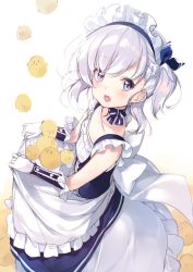 Rule 34 | 1girl, :d, aged down, apron, apron hold, azur lane, belfast (azur lane), bird, blue dress, blue eyes, blue ribbon, blush, braid, chick, choker, collarbone, commentary request, dress, fang, flat chest, french braid, frilled apron, frilled dress, frills, from above, from side, gloves, hair between eyes, hair ribbon, highres, little bel (azur lane), long hair, looking at viewer, looking to the side, maid headdress, mayusaki yuu, one side up, open mouth, ribbon, ribbon choker, sidelocks, silver hair, simple background, sleeveless, sleeveless dress, smile, solo, standing, white apron, white background, white dress, white gloves