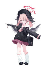 Rule 34 | 1girl, absurdres, aged down, beret, black bag, black footwear, black hat, black shirt, black wings, blue archive, blush, closed mouth, commentary request, feathered wings, full body, gun, halo, hand up, hat, head wings, highres, holding, holding gun, holding weapon, koharu (blue archive), leg warmers, long hair, long sleeves, low twintails, lpbsff, pink eyes, pink hair, pink skirt, pleated skirt, red halo, shirt, shoes, simple background, single-shoulder shirt, single bare shoulder, skirt, solo, tattoo, tearing up, twintails, weapon, white background, wings