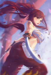 Rule 34 | 1girl, :o, bad id, bad pixiv id, bandages, bare shoulders, blue sky, breasts, cherry blossoms, cleavage, commentary request, dual wielding, erza scarlet, fairy tail, falling petals, from below, high ponytail, holding, holding sword, holding weapon, long hair, midriff, mitsu (mitsu art), navel, open mouth, pants, petals, ponytail, purple eyes, red hair, revealing clothes, sarashi, sideboob, sidelocks, sky, swimsuit, sword, tattoo, torii, underboob, weapon