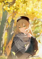 1girl absurdres ashima_(roro046) autumn autumn_leaves beret black_hat black_sweater blonde_hair blue_eyes blurry blurry_background blush day falling_leaves ginkgo_leaf grey_scarf hat highres leaf long_hair long_sleeves looking_to_the_side original outdoors parted_lips scarf signature solo sunlight sweater upper_body very_long_hair