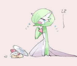 Rule 34 | cake, chikichi, colored skin, creatures (company), crying, closed eyes, food, food focus, game freak, gardevoir, gen 3 pokemon, nintendo, no humans, open mouth, plate, pokemon, pokemon (creature), tears, white skin
