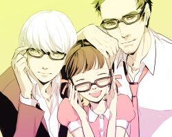 Rule 34 | 1girl, 2boys, adjusting eyewear, age difference, ally, ally (thorn), atlus, bad id, bad pixiv id, beard stubble, blouse, collared shirt, doujima nanako, doujima ryoutarou, facial hair, father and daughter, glasses, hand on another&#039;s head, multiple boys, mustache stubble, narukami yuu, necktie, persona, persona 4, pink shirt, shirt, stubble, twintails, white shirt