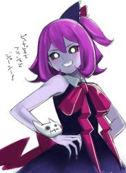 Rule 34 | 1girl, black sclera, bow, colored sclera, colored skin, dress, grin, hands on own hips, looking at viewer, nail polish, one side up, purple hair, purple skin, simple background, sleeveless, sleeveless dress, smile, solo, teeth, tetsu (kimuchi), white background