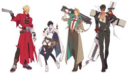 Rule 34 | 2boys, 2girls, absurdres, adapted costume, agl arms .45 long colt, aiming, arm at side, belt, belt buckle, belt pouch, black footwear, black gloves, black hair, black jacket, black pants, black thighhighs, blonde hair, blue eyes, blue hair, break-action revolver, brown footwear, brown pants, buckle, cape, carrying over shoulder, chain, cigarette, closed mouth, coat, collared shirt, colored shoe soles, cross punisher, dress shirt, dual wielding, earrings, facing viewer, fingerless gloves, full body, glasses, gloves, grey coat, gun, hand in pocket, hand up, handgun, hands up, head tilt, height difference, high collar, highres, holding, holding gun, holding weapon, jacket, jewelry, large cross, leotard, light brown hair, lineup, long hair, looking at viewer, low bore axis revolver, machine gun, male focus, meryl stryfe, milly thompson, mouth hold, multiple belts, multiple boys, multiple girls, necktie, nicholas d. wolfwood, open clothes, open coat, orange-tinted eyewear, outstretched arm, pants, parted bangs, pectoral cleavage, pectorals, pouch, prosthesis, prosthetic arm, red coat, red necktie, revolver, rye d0, shirt, short hair, short sleeves, shorts, single glove, sleeve cuffs, smile, smirk, smoke, smoking, spiked hair, standing, standing on one leg, sunglasses, thighhighs, tinted eyewear, trigun, turtleneck, two-sided fabric, vash the stampede, walking, weapon, weapon on back, white background, white cape, white leotard, white shirt, white shorts, zipper