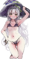 Rule 34 | 1girl, absurdres, bikini, black bikini, black hat, blush, breasts, grey hair, hair bun, hand on own hip, hat, highres, hololive, long hair, looking at viewer, murasaki shion, navel, single hair bun, small breasts, smile, solo, swimsuit, tazrn1, virtual youtuber, white background, witch hat, yellow eyes