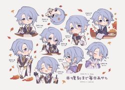 Rule 34 | 1boy, autumn leaves, black footwear, black gloves, black robe, black vest, blue hair, blush, book, brown ribbon, bubble tea, buttons, calligraphy brush, chair, chibi, closed eyes, collared jacket, crossed arms, cup, dango, disposable cup, eating, english text, floor, floral print, flower, food, full body, genshin impact, gloves, hair between eyes, hand up, hands up, highres, holding, holding book, holding brush, holding cup, holding food, holding leaf, jacket, japanese clothes, kamisato ayato, kimono, leaf, leaf print, long sleeves, looking at viewer, looking to the side, male focus, mole, mole under mouth, neck ribbon, open book, open clothes, open jacket, open mouth, open robe, paintbrush, pants, paper, pink flower, plate, purple eyes, purple kimono, purple shirt, ribbon, robe, shirt, shoes, short hair, simple background, sitting, sleeping, slippers, smile, socks, solo, table, tassel, tongue, uji n, upper body, vest, wagashi, white background, white jacket, white pants, white socks, wide sleeves, yukata, zzz
