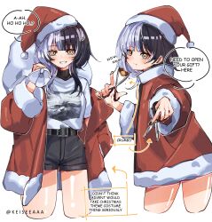Rule 34 | 1girl, absurdres, black hair, black nails, breasts, casual, fur-trimmed headwear, fur trim, grey hair, hat, highres, holding, holding sack, holding scissors, hololive, hololive english, keisea, looking at viewer, multicolored hair, red hat, sack, santa hat, scissors, shiny skin, shiori novella, smile, solo, split-color hair, two-tone hair, virtual youtuber, yellow eyes
