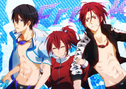 Rule 34 | 10s, 1girl, 2boys, abs, black hair, black jammers, black male swimwear, blue-tinted eyewear, blue eyes, boy sandwich, brother and sister, closed eyes, copyright name, free!, goggles, goggles around neck, holding another&#039;s arm, jacket, jammers, long hair, male swimwear, matsuoka gou, matsuoka rin, md5 mismatch, multiple boys, nanase haruka (free!), open clothes, open jacket, ponytail, red-tinted eyewear, red eyes, red hair, sandwiched, short hair, siblings, swimsuit, teeth, tierra818, tinted eyewear, track jacket