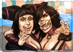 Rule 34 | 2girls, alternate costume, arms around neck, black hair, breasts, cleavage, collar, crossover, diepod, drill hair, evil, han juri, large breasts, licking lips, lips, long hair, mileena (mortal kombat), mortal kombat (series), mortal kombat x, multiple girls, nail polish, nose, open mouth, purple eyes, sharp teeth, street fighter, street fighter iv (series), teeth, tongue, tongue out, twin drills, yellow eyes