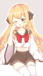 Rule 34 | 1girl, bad id, bad pixiv id, black bow, black sailor collar, black skirt, blonde hair, blush, bow, bowtie, brown background, brown eyes, character request, collarbone, commentary request, crop top, food fantasy, hair bow, highres, light (luxiao deng), long hair, long sleeves, looking at viewer, midriff, navel, one eye closed, outline, parted lips, pleated skirt, red bow, red bowtie, ringlets, sailor collar, school uniform, serafuku, shirt, sidelocks, skirt, solo, tears, thighhighs, two-tone background, very long hair, white background, white outline, white shirt, white thighhighs, wide sleeves