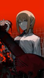 Rule 34 | 1girl, black necktie, blood, braid, braided ponytail, breasts, chainsaw, chainsaw man, collared shirt, cross, demon, formal, forte, heart, highres, holding, holding heart, long hair, long sleeves, makima (chainsaw man), medium breasts, necktie, office lady, red background, red hair, ringed eyes, shirt, solo, white shirt, yellow eyes