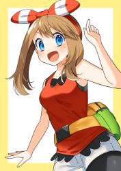 Rule 34 | 1girl, :d, absurdres, bad id, bad pixiv id, bare arms, bike shorts, blue eyes, blush, bow hairband, breasts, collarbone, commentary request, creatures (company), eyelashes, fanny pack, game freak, hairband, hand up, highres, light brown hair, long hair, looking at viewer, may (pokemon), nintendo, open mouth, pokemon, pokemon oras, shirt, shorts, sleeveless, sleeveless shirt, smile, tongue, white shorts, yuihico