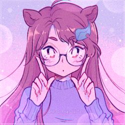 Rule 34 | 1girl, animal ears, artist name, blush, brown eyes, brown hair, closed mouth, dreamysuite, futatsuiwa mamizou, glasses, gradient background, hands up, leaf, leaf on head, long hair, long sleeves, looking at viewer, lowres, multicolored background, nail polish, pink background, pink nails, purple background, purple sleeves, purple sweater, raccoon ears, retro artstyle, solo, sparkle, sweater, touhou