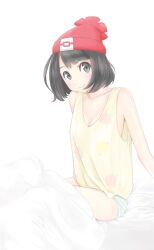 Rule 34 | 1girl, beanie, black hair, blanket, breasts, cleavage, closed mouth, creatures (company), full body, game freak, hat, looking at viewer, medium breasts, nintendo, panties, pokemon, pokemon sm, red hat, ryure, selene (pokemon), shirt, short hair, simple background, sitting, smile, solo, striped clothes, striped panties, underwear, white background