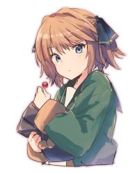 Rule 34 | 1girl, blue eyes, brown hair, candy, cropped torso, food, green jacket, green sailor collar, hachijou (kancolle), hair ribbon, holding, jacket, kantai collection, lollipop, long sleeves, pom pom (clothes), ribbon, sailor collar, satsumi, school uniform, short hair, simple background, solo, upper body, white background