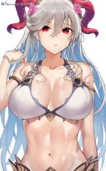 Rule 34 | 1girl, bare shoulders, bikini, blue hair, breasts, curled horns, fire emblem, fire emblem heroes, freyja (fire emblem), goat horns, grey hair, hair between eyes, haru (nakajou-28), highres, horns, large breasts, long hair, looking at viewer, multicolored hair, navel, nintendo, official alternate costume, red eyes, red horns, simple background, solo, stomach, swimsuit, twitter username, two-tone hair, upper body, very long hair, wet, white background, white bikini