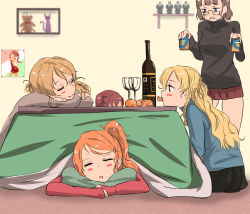 Rule 34 | 5girls, alcohol, alternate costume, aquila (kancolle), black sweater, blonde hair, blue sweater, blush, bottle, braid, brown hair, closed eyes, closed mouth, cup, drinking glass, eating, food, fruit, glass, glasses, grey sweater, head rest, highres, indoors, kantai collection, kotatsu, libeccio (kancolle), littorio (kancolle), long hair, mandarin orange, miniskirt, multiple girls, orange hair, photo (object), pillow, red hair, red skirt, red sweater, rensouhou-chan, roma (kancolle), sitting, skirt, slipping, sweater, table, tama (tamago), twintails, under table, wine, wine bottle, wine glass, zara (kancolle)