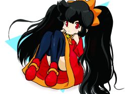 Rule 34 | 1girl, ashley (warioware), big hair, black hair, black thighhighs, child, closed mouth, detesu, dot nose, dress, expressionless, female focus, full body, hairband, highres, legs together, long hair, long sleeves, looking at viewer, lying, nintendo, on back, orange hairband, red dress, red eyes, red footwear, sidelocks, skull, solo, thighhighs, twintails, very long hair, warioware, white background, witch